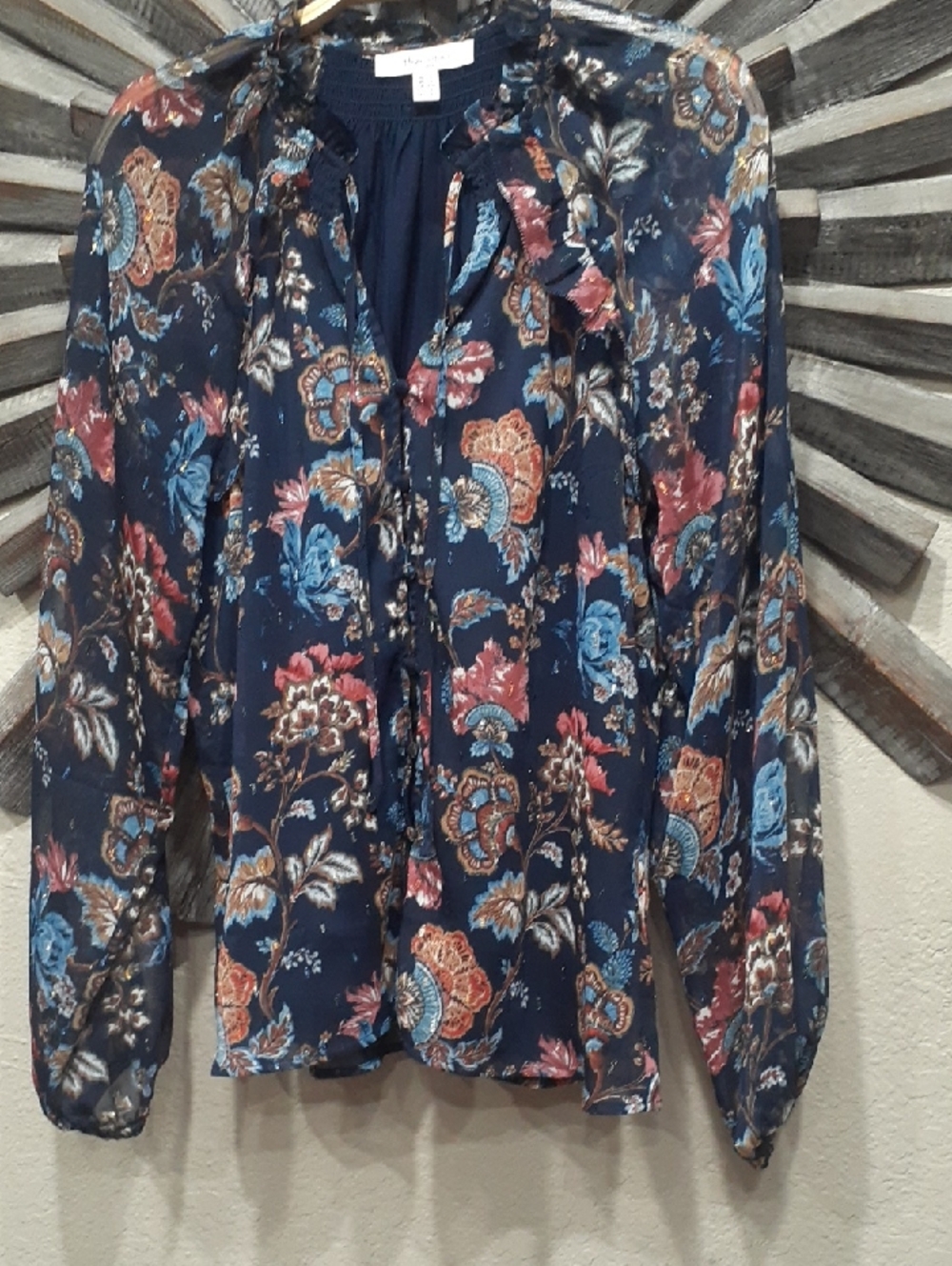 Haver and Blair Floral Tie-Neck Blouse - Navy Multi